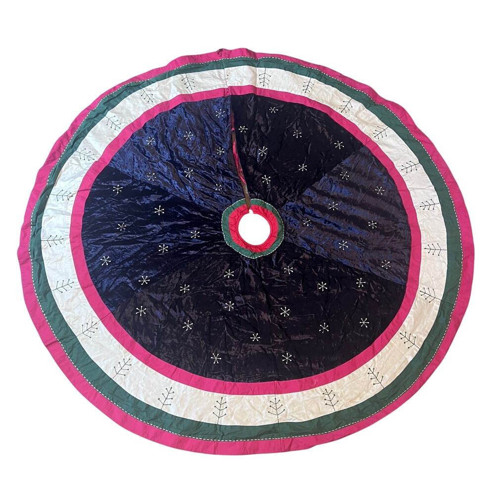 Christmas Tree Skirt 58" Embroidered Snowflake Crushed Velvet Blue Red Dillards - Picture 1 of 5